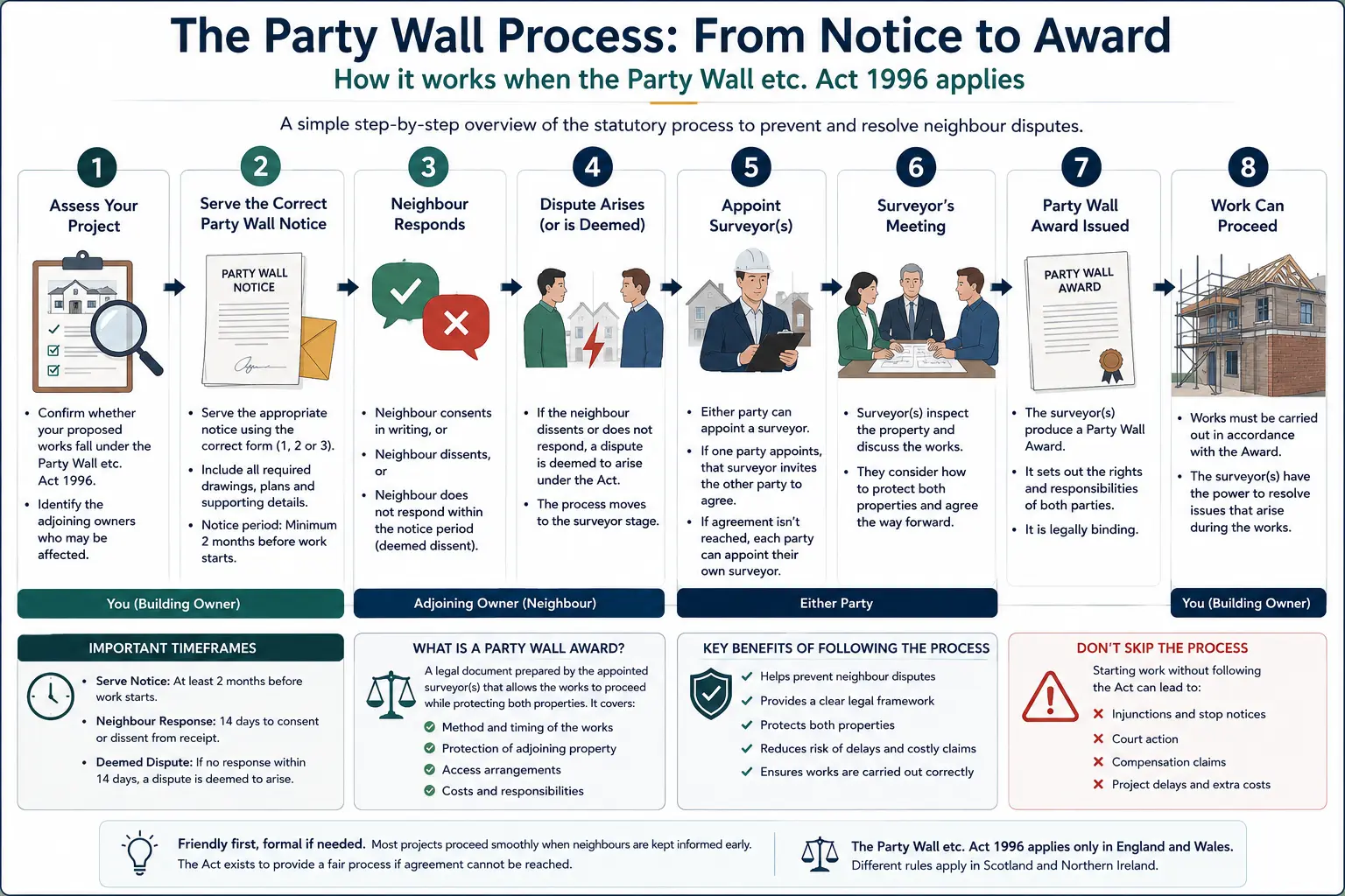 Do I Need a Party Wall Agreement? An infographic showing the party wall process from notice to award in a very interactive way for the citizens living in Portsmouth, UK