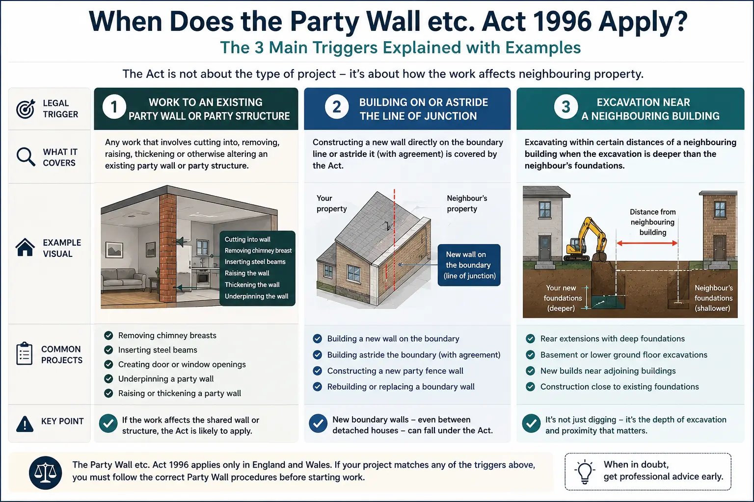 Do I Need a Party Wall Agreement? An infographic showing when does the party wall etc act 1996 apply like excavation, junction, painting, in Portsmouth, UK